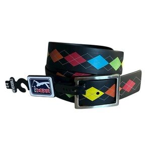 PGA Tour Multicolor Argyle Print Reversible Silicone Black Belt NEW